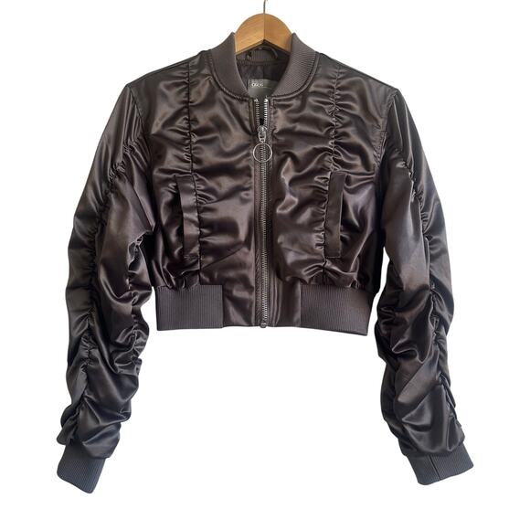 ASOS Design Super Crop Satin Bomber Jacket Ruched Charcoal Brown - Picture 2 of 10
